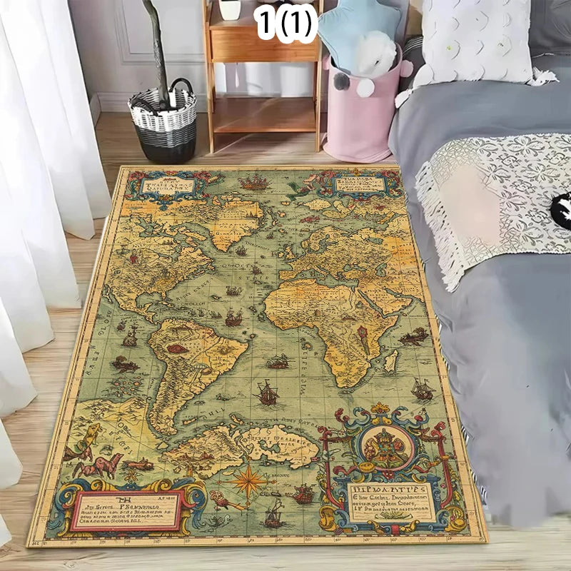 tapis sol vintage carte monde décoratif chambre enfant voyage rétro multicolore rectangulaire
