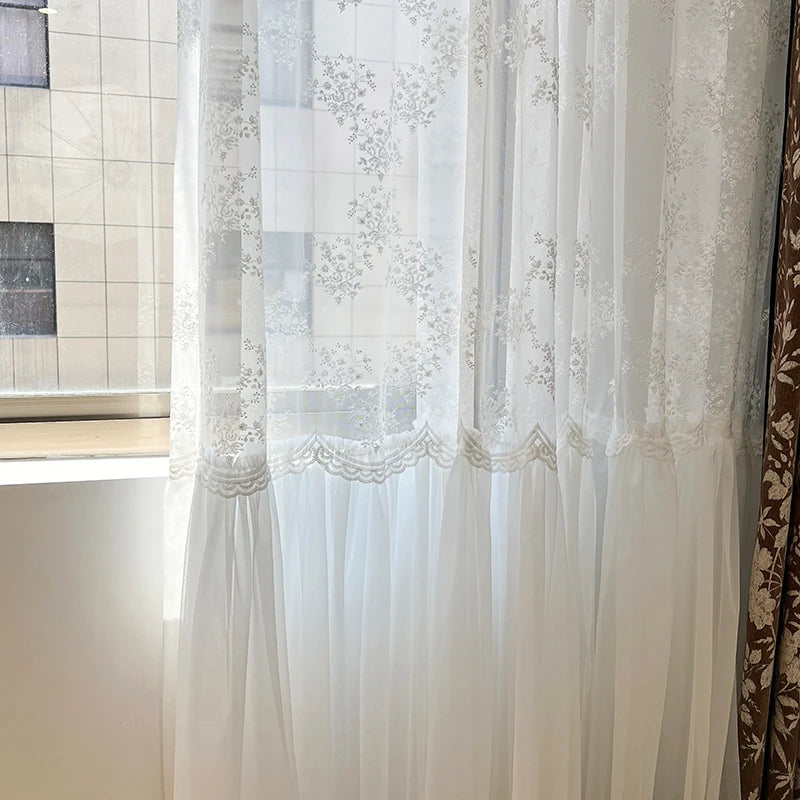 rideau blanc classique broderie florale transparente gaze légère fenêtre salon chambre luxe