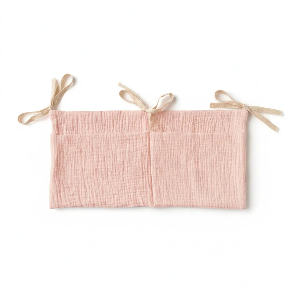 sac rangement lit bébé coton beige bleu rose simple rubans sécurité