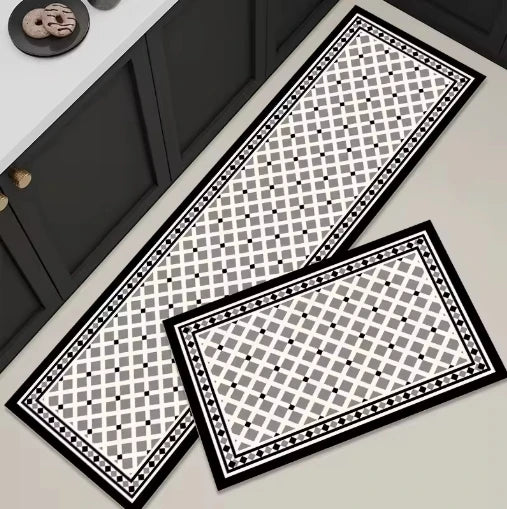 Tapis de sol en noir et blanc avec motif géométrique répétitif élégant.
