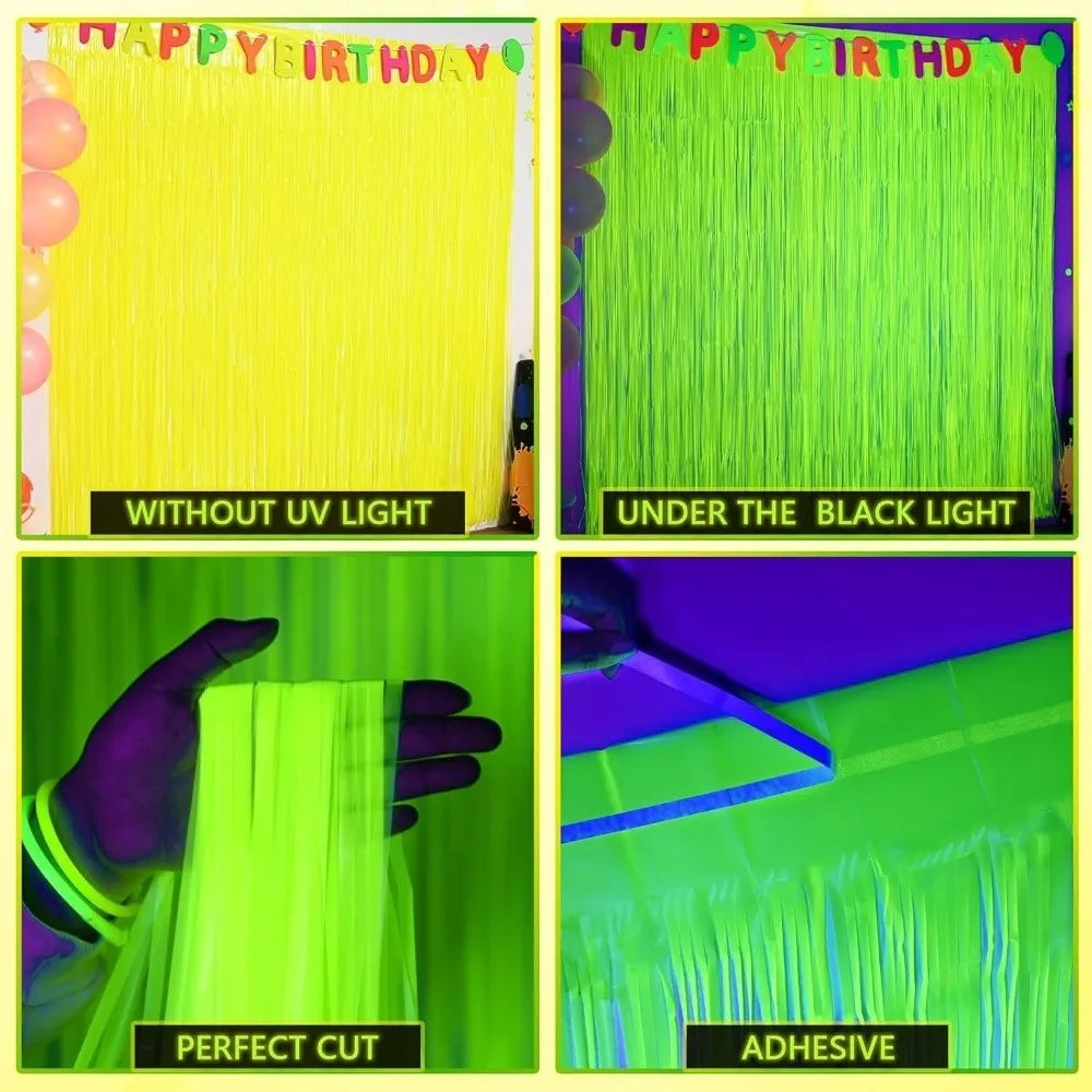 rideau festif franges lumineuses couleurs fluo jaune vert rose festive decoration anniversaire neon retro