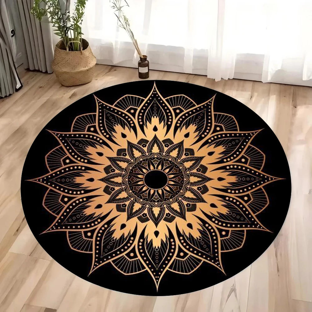 tapis rond mandala motif géométrique boho ethnique décoration salon chambre intérieur moderne noir