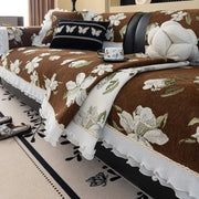 housse canapé velours peluche motif floral antidérapante marron vert olive blanc transparent dentelle