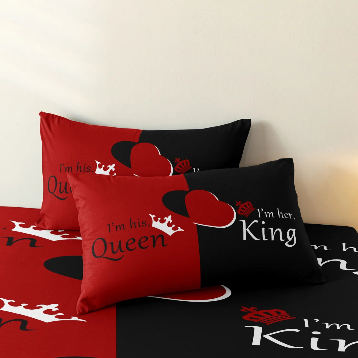 ensemble literie rouge noir coeurs couronnes moderne king queen chambre lit