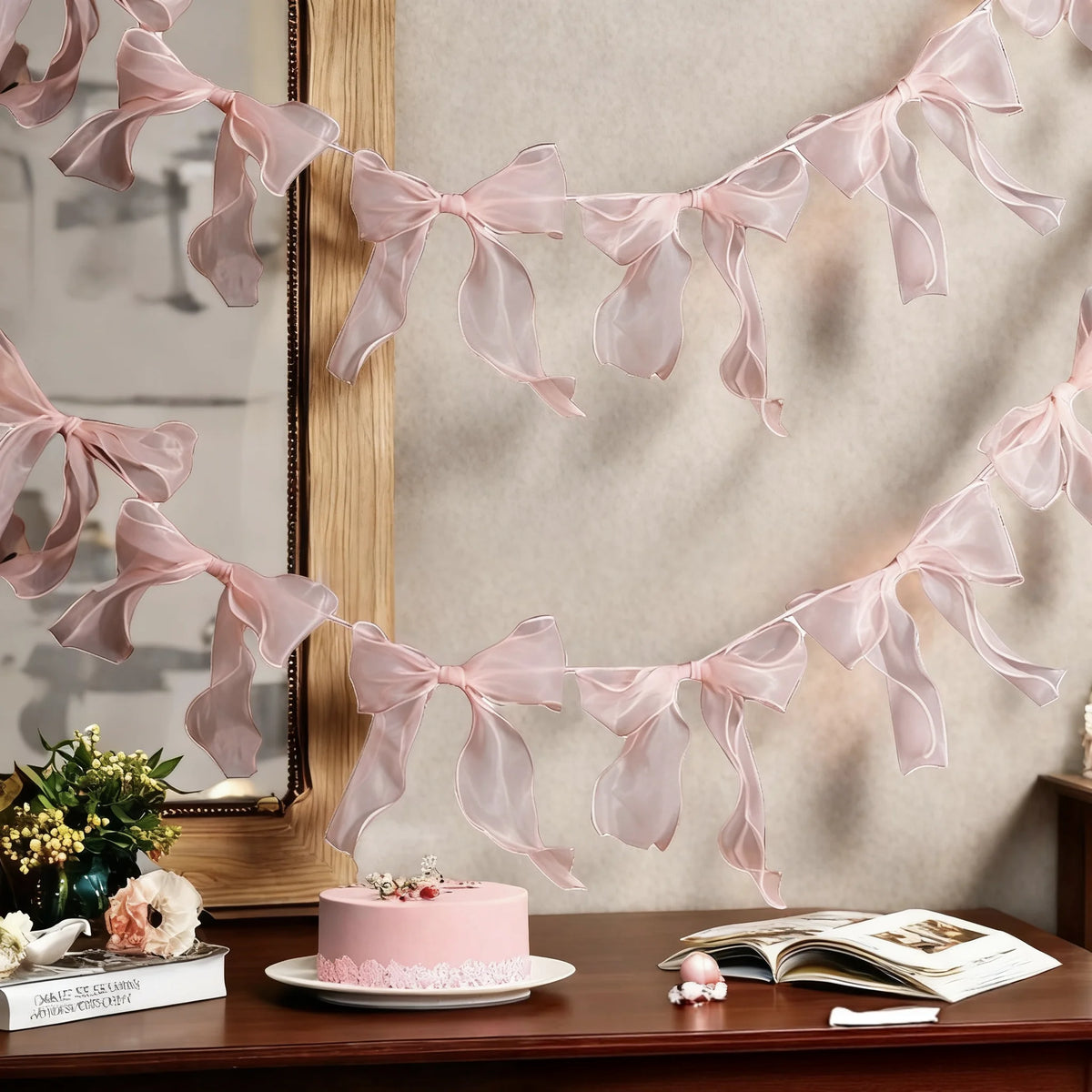 guirlande décorative festives rose noeuds tissu texturé semi transparent mariage anniversaire fille préparation naissance