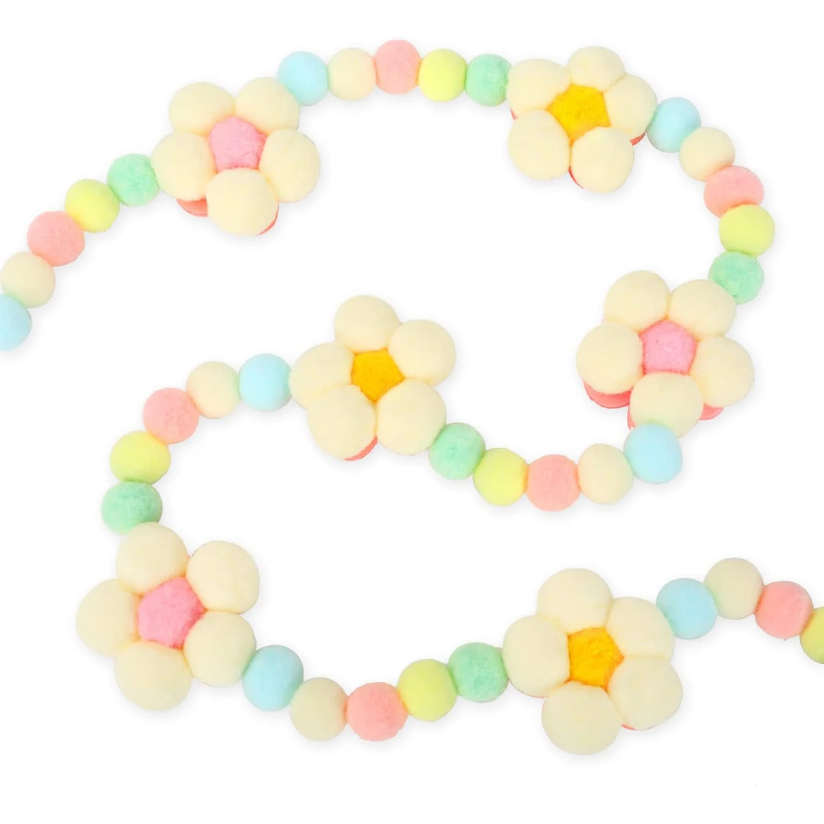 décoration murale guirlande fleurs pompons colorés duvetées enfantine champêtre pastel