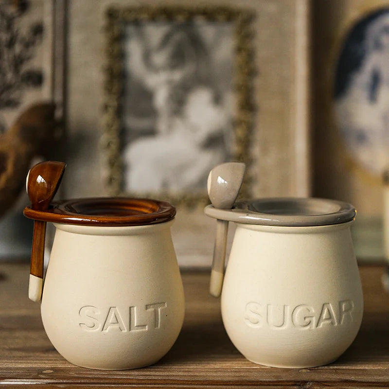pots sel sucre céramique vintage embossé rouille crème cuillères bois fixées ensemble rustic farmhouse