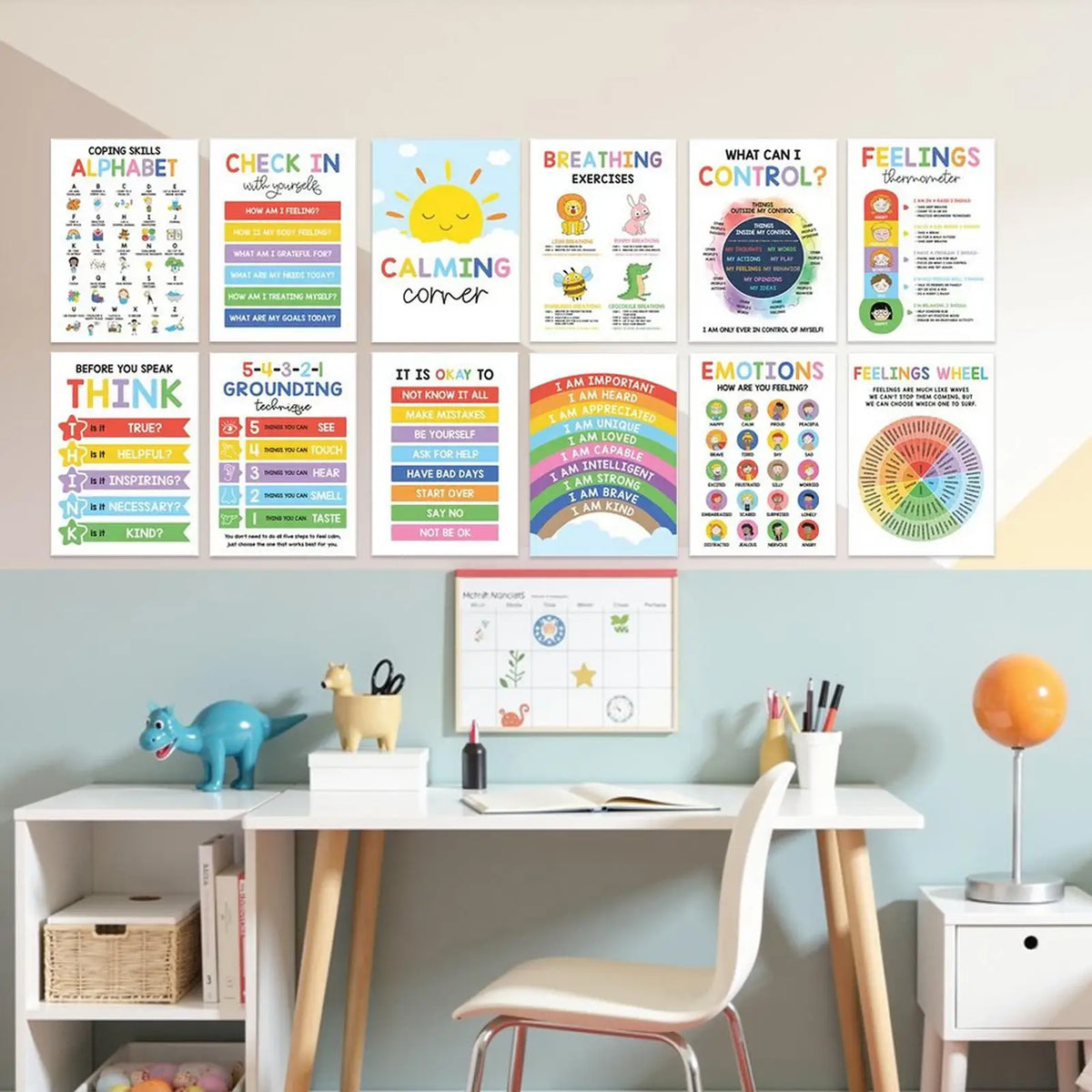 affiches pédagogiques multicolores graphiques adhésives émotions classes enfants 25x35cm 12 pièces éducatives illustrations variées