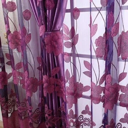 rideaux polonais floral translucides rose violet marron brodés chanvre romantiques salon chambre