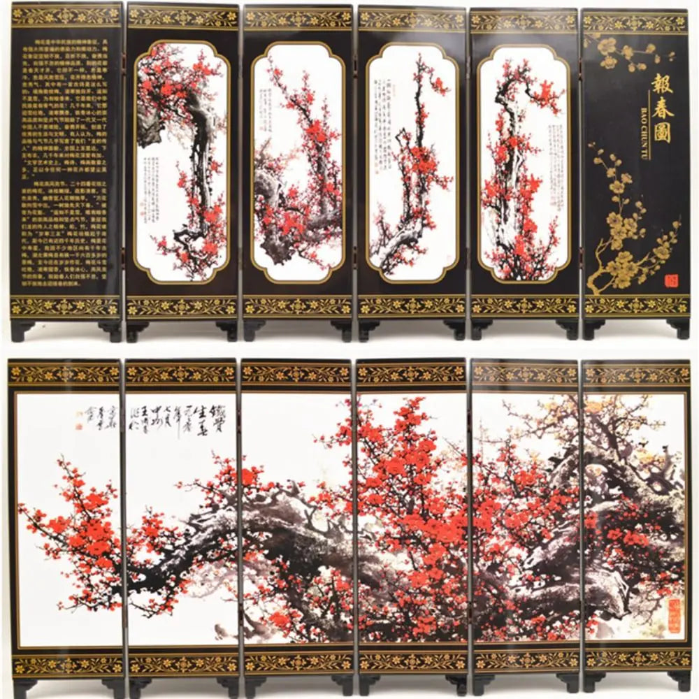 paravent chinois peinture traditionnelle paysages animaux calligraphie bois doré noir ornement chambre multifonctionnel souvenirs