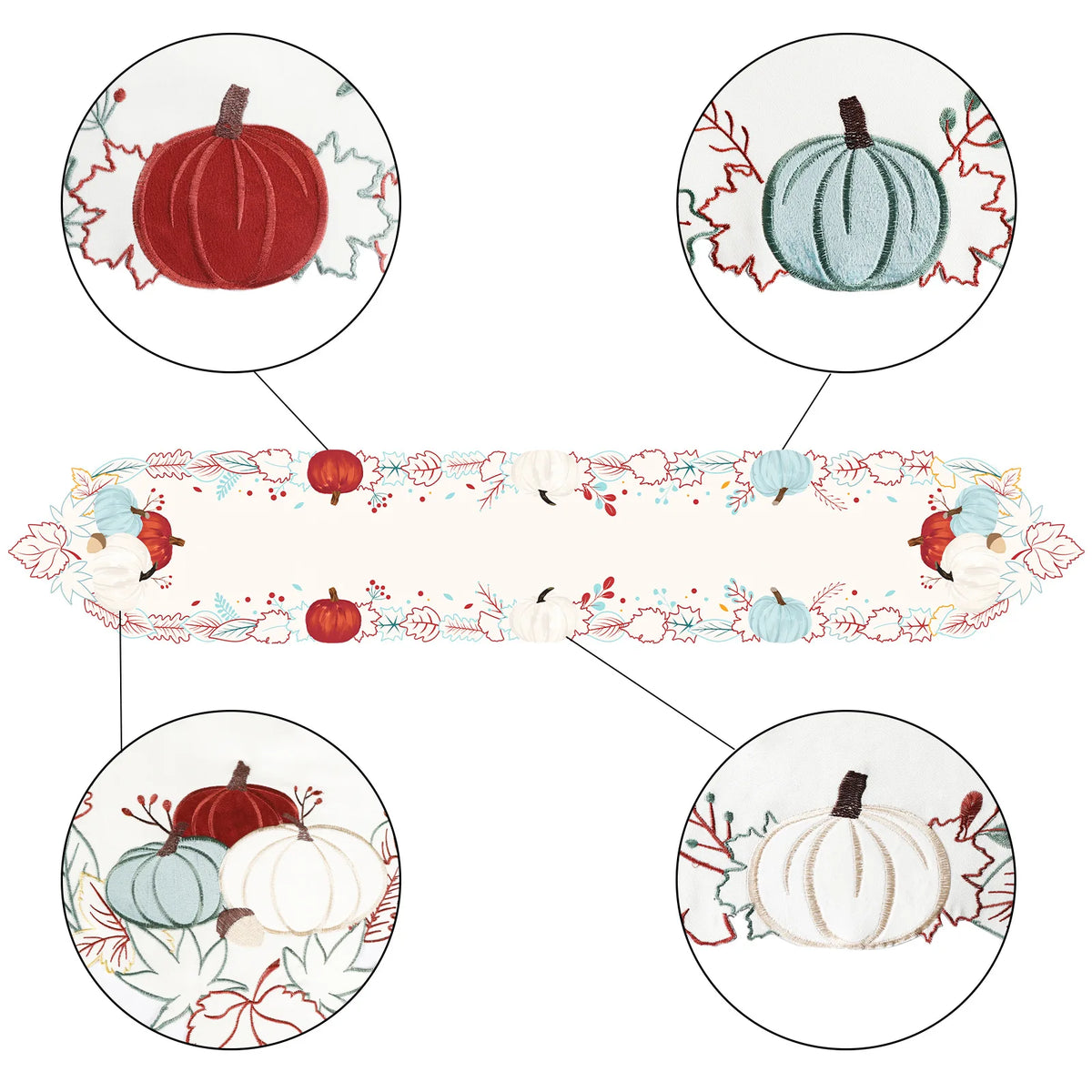 chemin table automne citrouilles feuilles baies blanc rouge vert beige festive polyester
