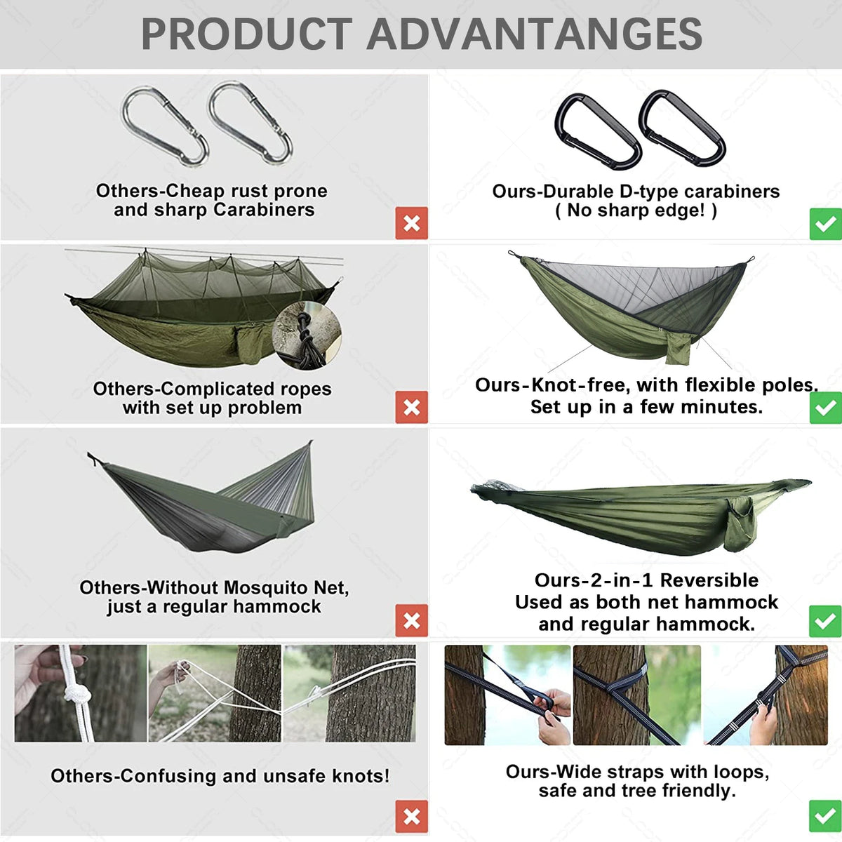 hamac deux personnes vert olive parachute léger filet antimosquitos carabines inox piquets aluminium sac