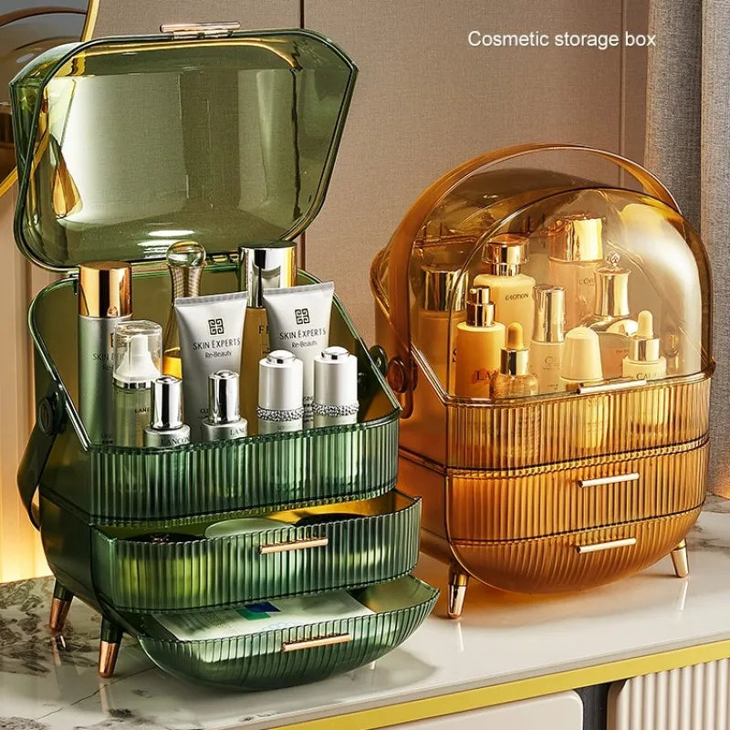 boîte rangement cosmétique moderne noir vert élégante deux étages poignées skincare makeup caddy
