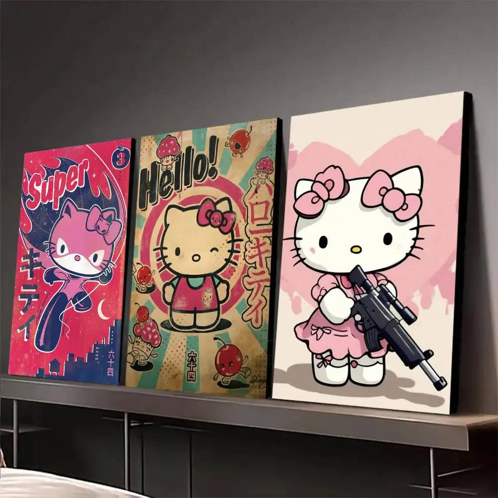 affiche hello kitty dessin animé cadre bois décoration murale salon poster pop art