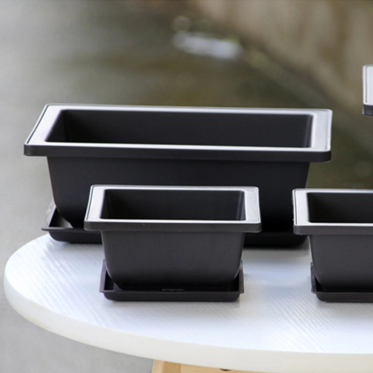 pots plantes noirs moderne plateaux drainage grilles supports intérieurs succulentes fleurs vertes bureaux