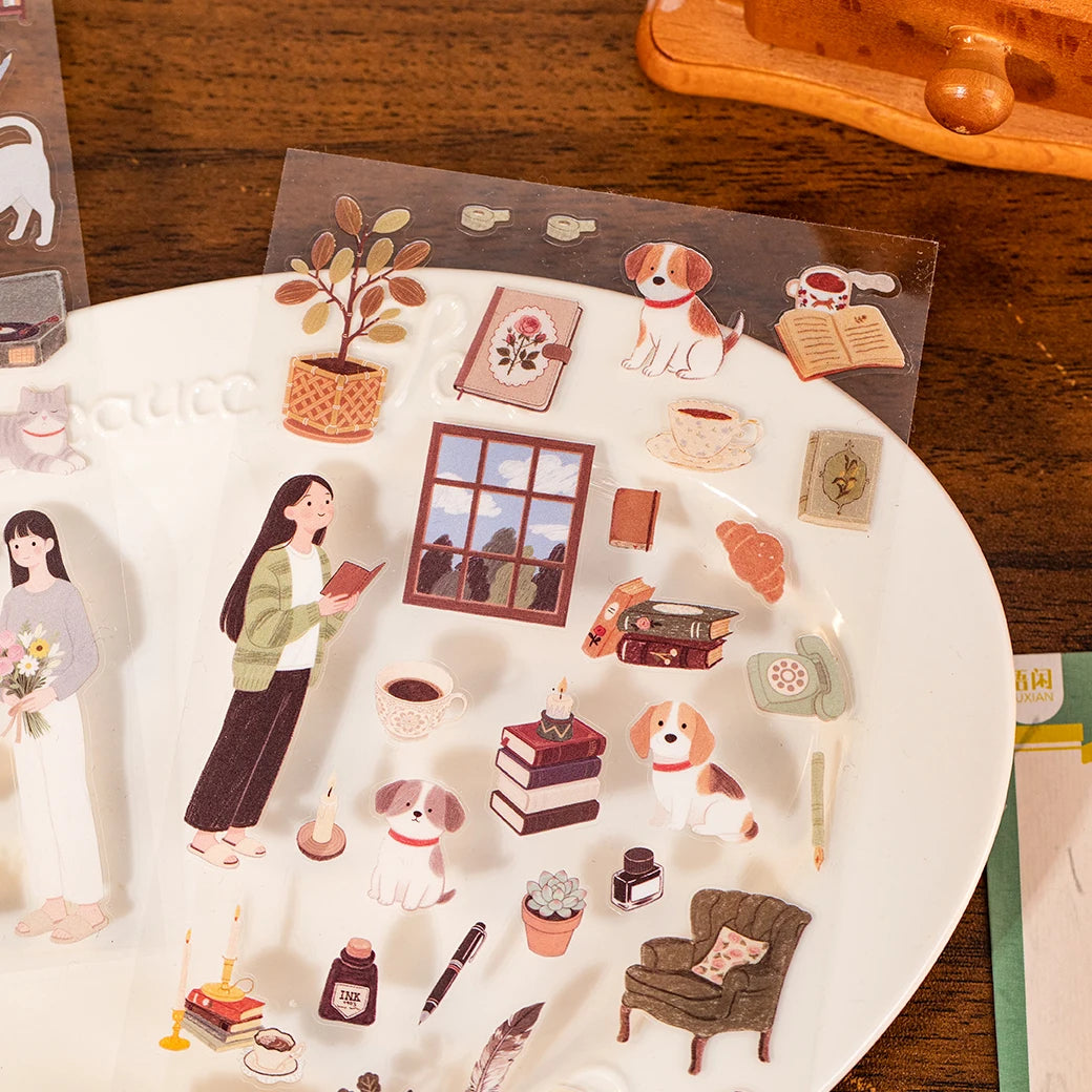 sticker autocollant transparent illustratif multicolore animaux objets ménagers personnages scrapbooking diy bricolage