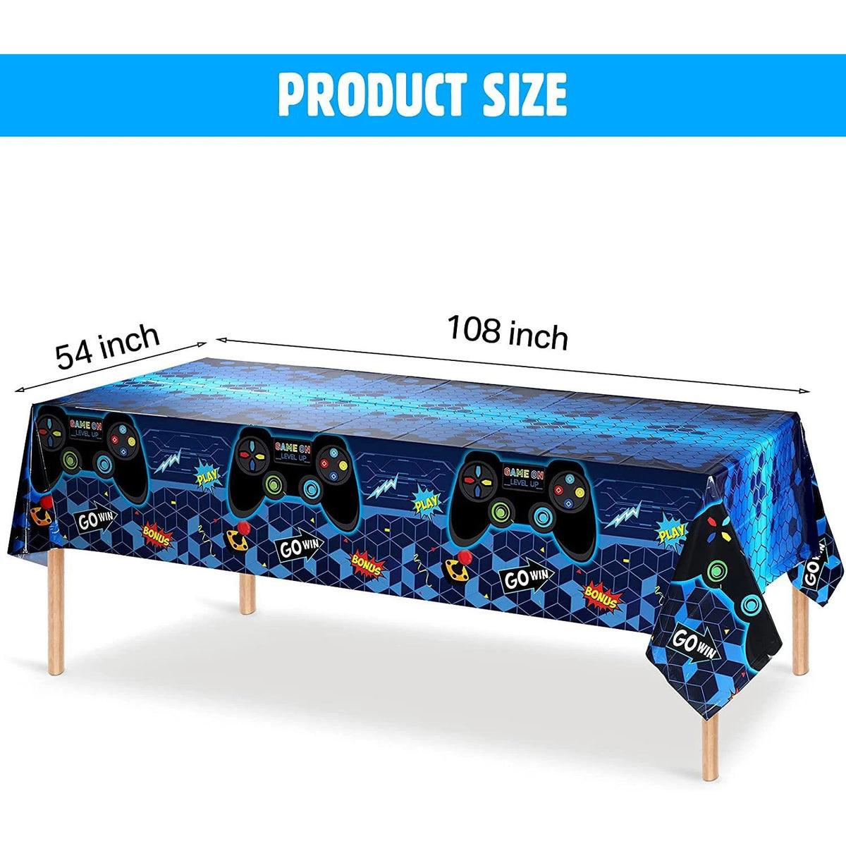 nappe fête jeu vidéo tablecloth motif gamepad anniversaire enfants graphique hexagonal bleu rouge