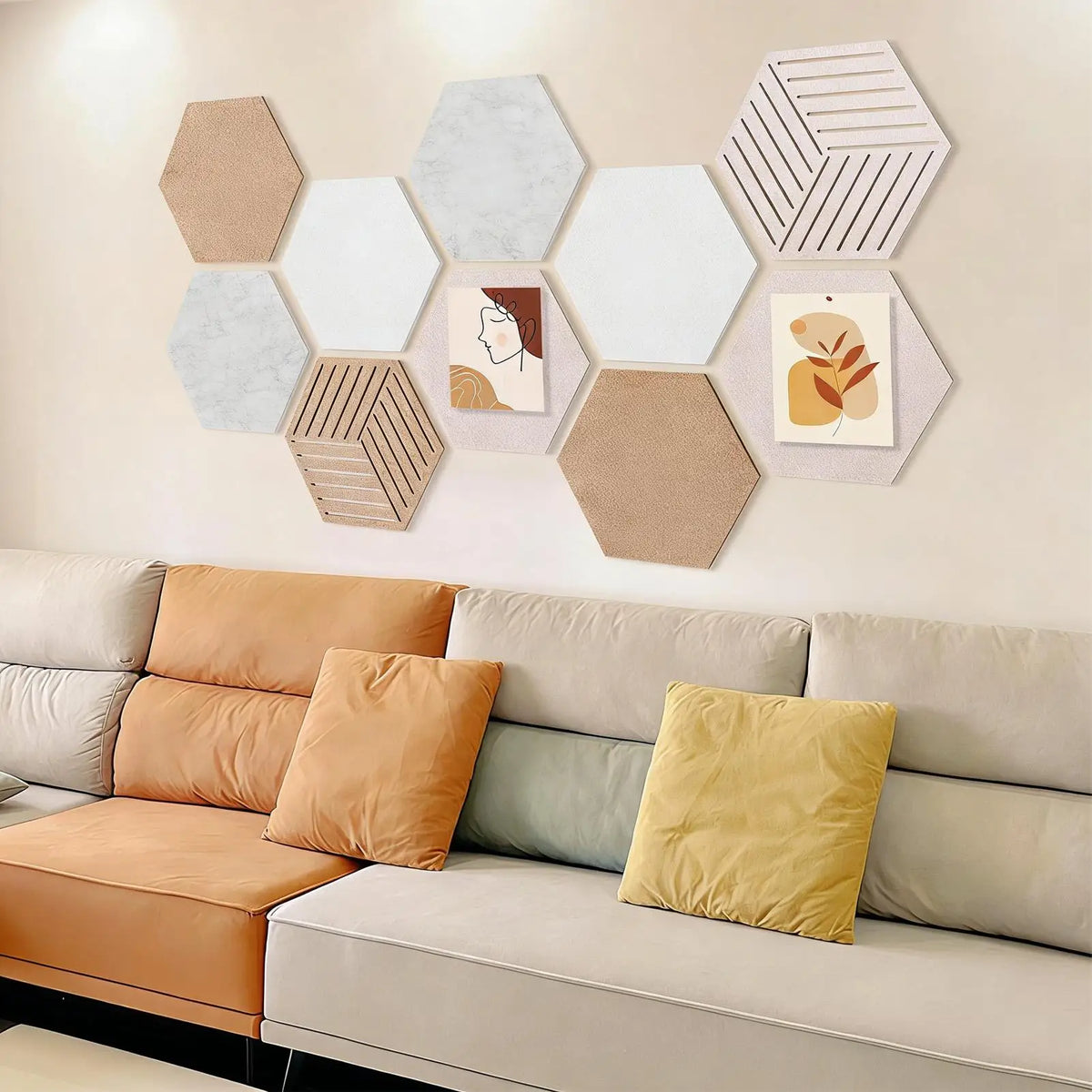 panneaux hexagonaux decoratifs mur modernes panneau acoustique beige marron gris minimaliste fixations adhésives elementos