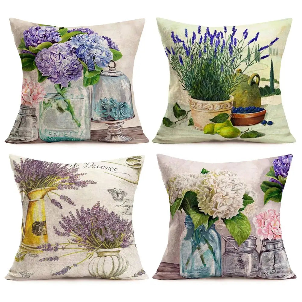 coussin decoratif hydrangeas lavande texture lin vintage maison 40x40cm polyester respectueux environnement