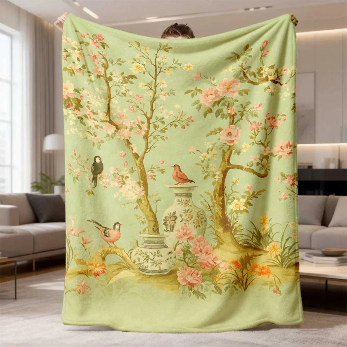 couverture polyester fleur oiseau arbre vintage classique floral grande taille automne
