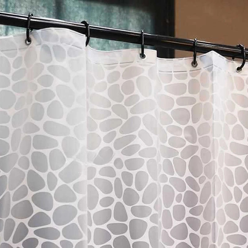 rideau douche moderne semi transparent blanc gris motifs galets peva ourlet standard anneaux