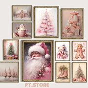 affiche noel rose vintage pain epice renne pere noel cadre illustration aquarelle shabby chic