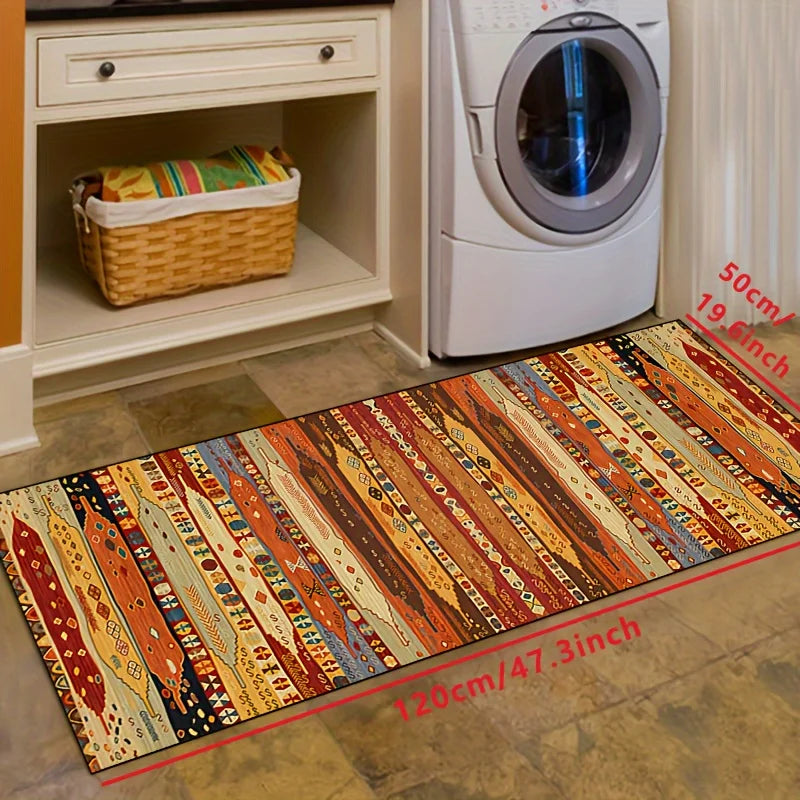 tapis runner ethnique motifs géométriques polyester imperméable rouge orange bleu