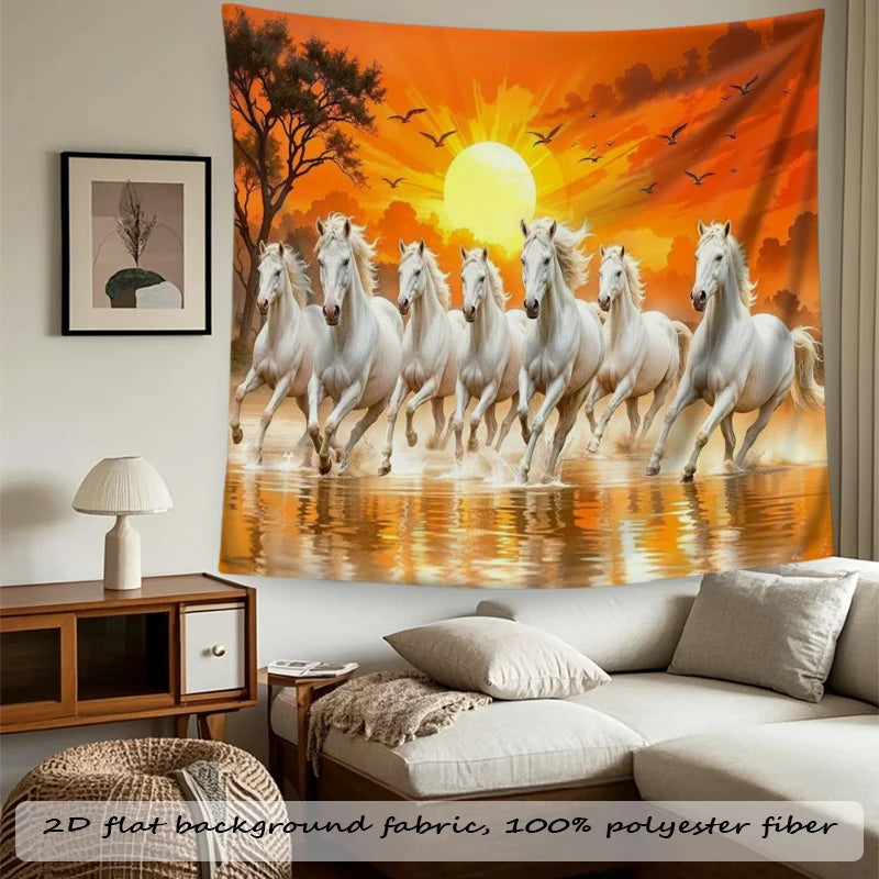 tapisserie murale chevaux blancs coucher soleil plage art impressionniste oiseaux volants arbre dimension