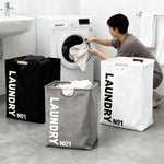 panier linge noir blanc gris toile imprimée LAUNDRY No1 moderne poignées bois capacité grande