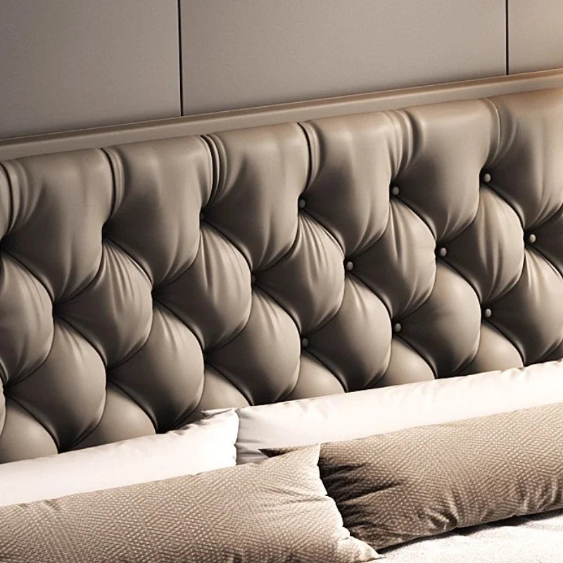 lit gris tufté moderne pieds ronds chambre coucher bois artificial leather minimaliste
