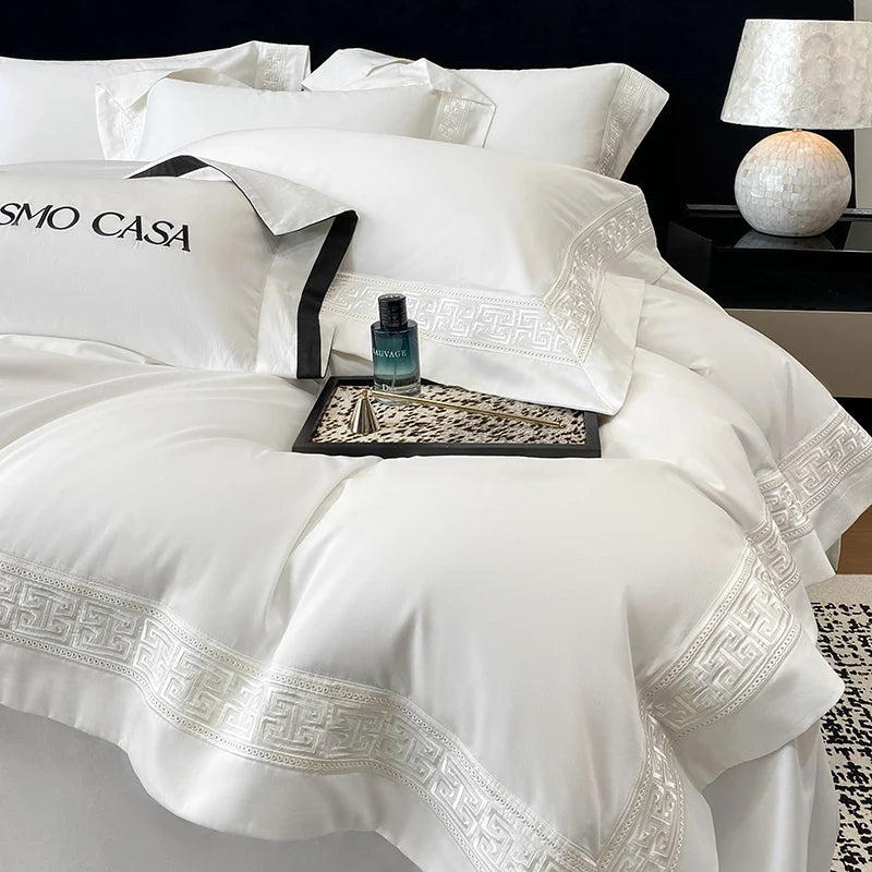 ensemble literie blanc brodé géométrique coton ultra doux 600tc king queen