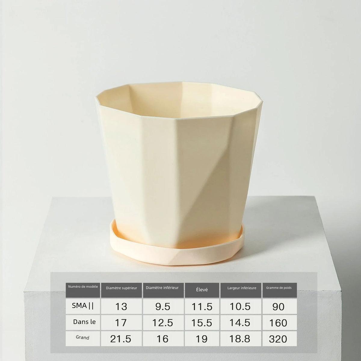 Pots fleurs modernes pots plastique facettes géométriques gris blanc plateau amovibleintérieurextérieur