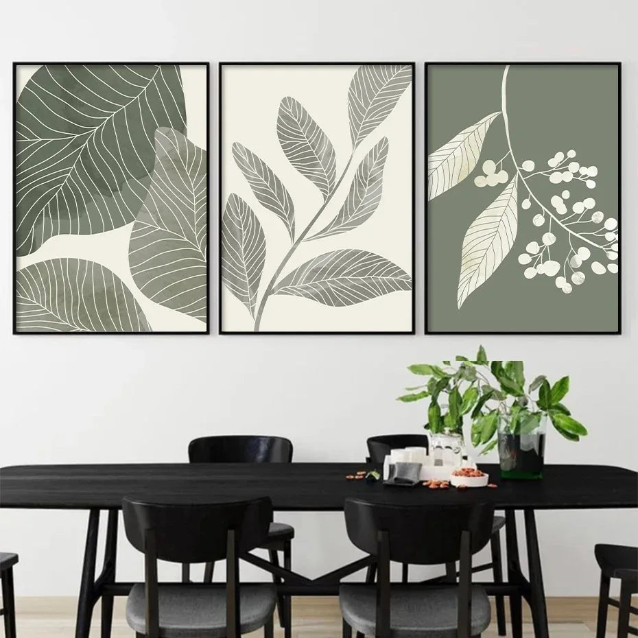 affiches abstraites modernes feuilles stylisées verte olive minimaliste salon chambre
