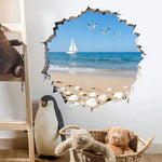 sticker mural paysage marin plage coquillages oiseaux voilier bleu blanc 3d chambre maison
