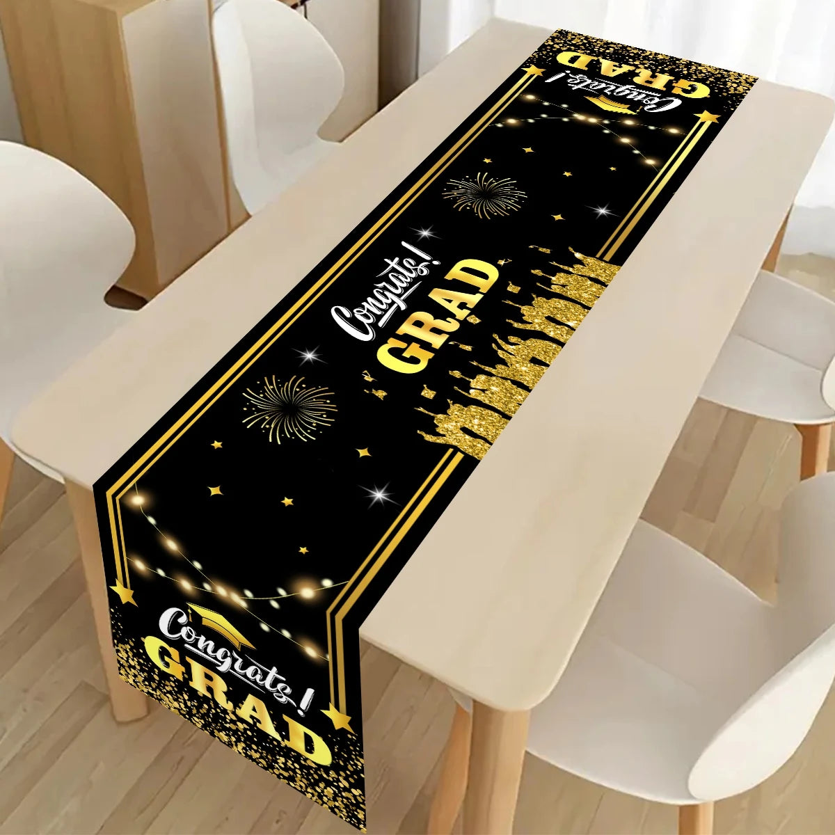 nappe table fête remise diplôme motifs cérémonie confettis étoiles feu artificiel polyester noire or