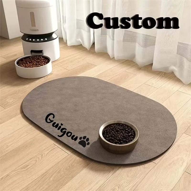 tapis alimentation animal compagnie gravure nom imprimé personnalisé gris moderne antidérapant bol