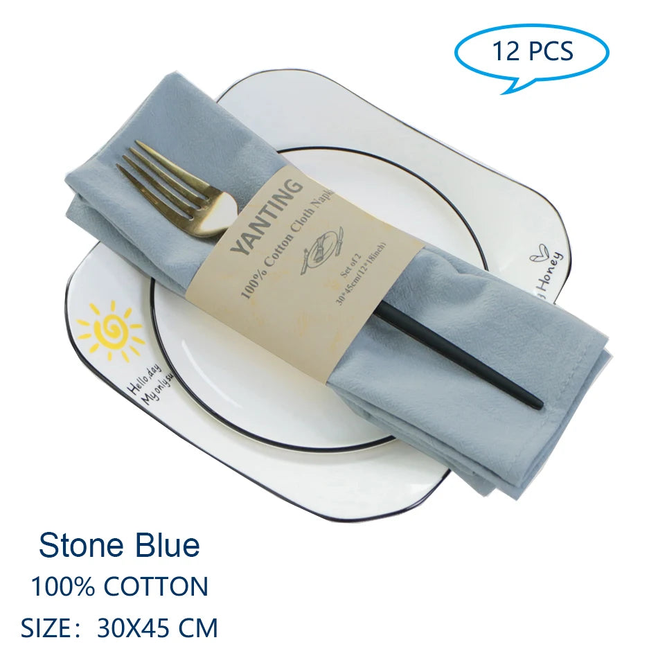 Serviettes de table en coton bleu pierre de 30x45 cm, lot de 12 pièces.