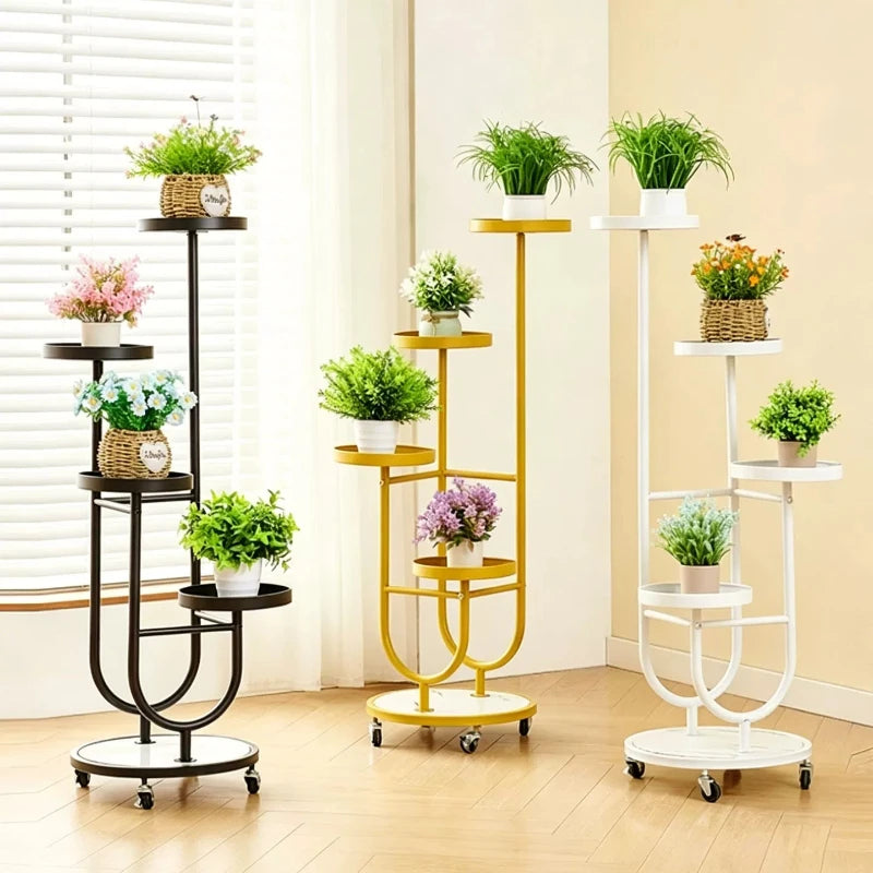 étagère plantes moderne métal noir jaune roulettes intérieur extérieur décoration jardin mid century