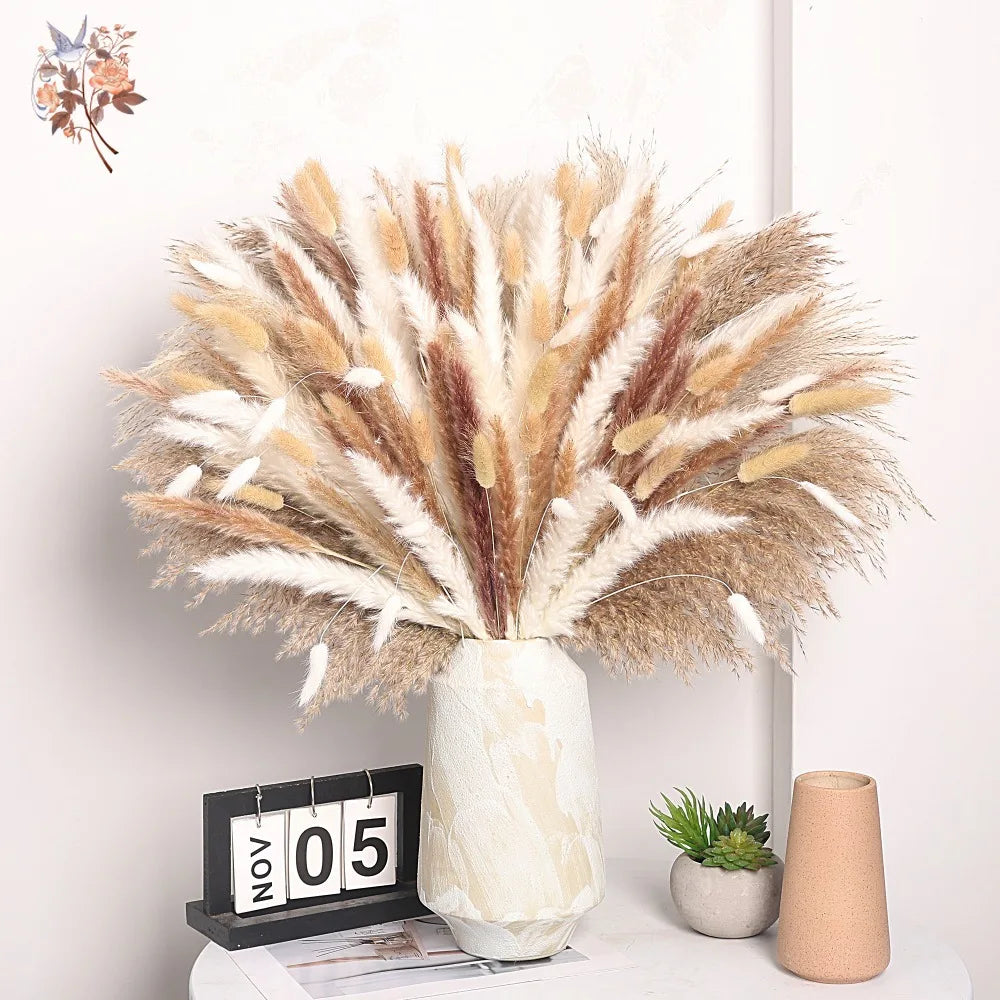 bouquets pampas naturels décoration maison beige blanc rustique anniversaire fête salon balcon