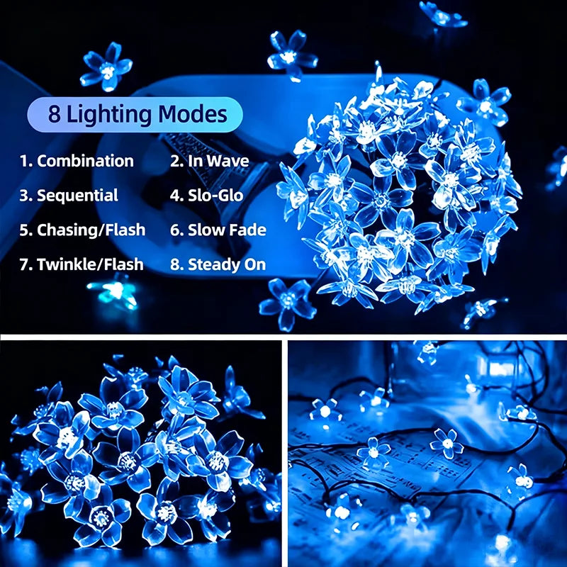 guirlande lumineuse solaire bleu clair fleurs stylisées moderne extérieure décoration fêtes led autonomes