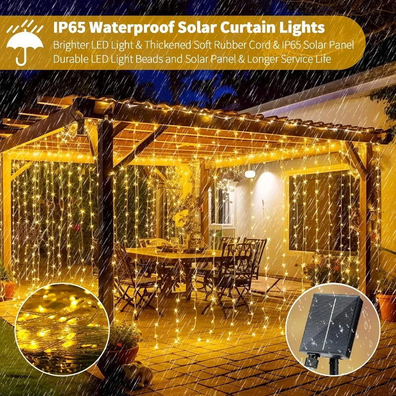 rideau lumineux led blanc chaud 300 leds 3x3m ip65 moderne panneau solaire télécommande adaptateur
