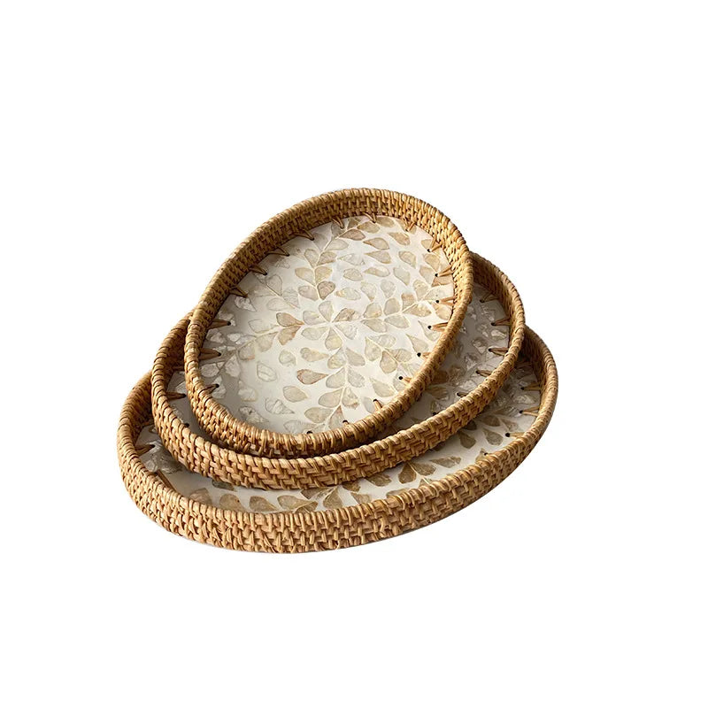 assiettes ovales rotin mosaïque coquillages boho rustique multicolore thé collations