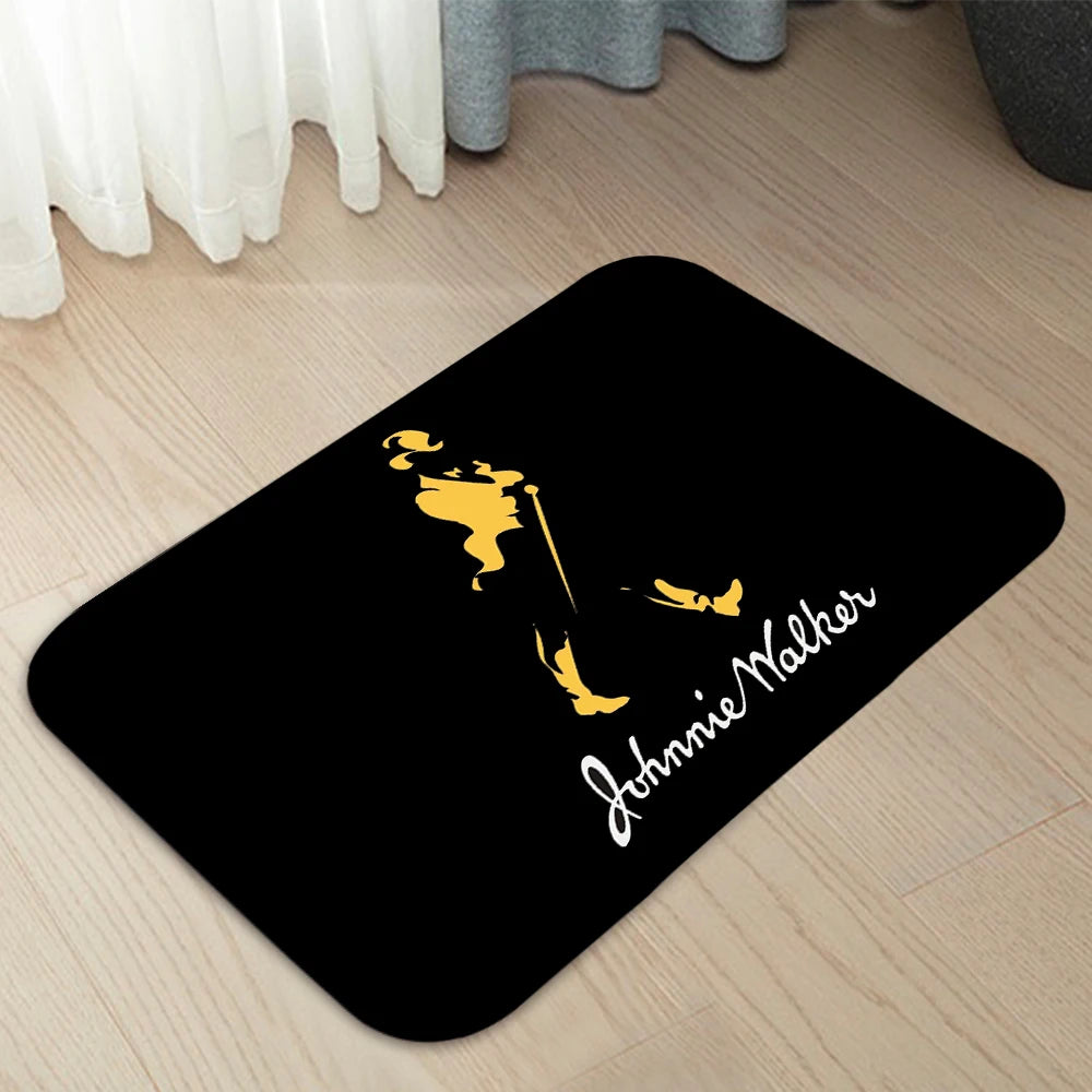 tapis moderne johnnie walker noir jaune blanc rouge logo fleurs silhouette marcheur