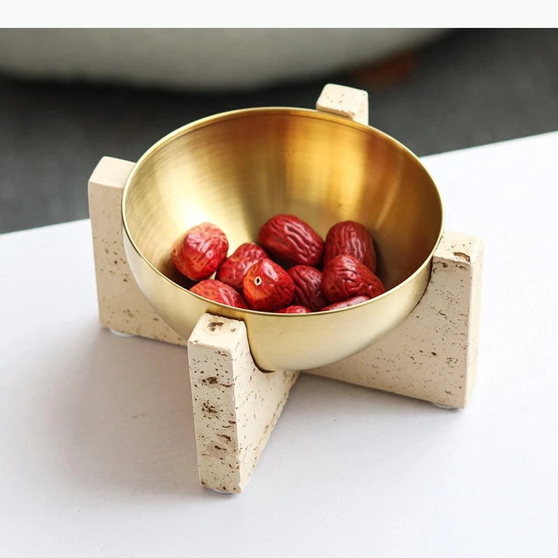 bol moderne or argent beige support imitation travertin fruits desserts minimaliste