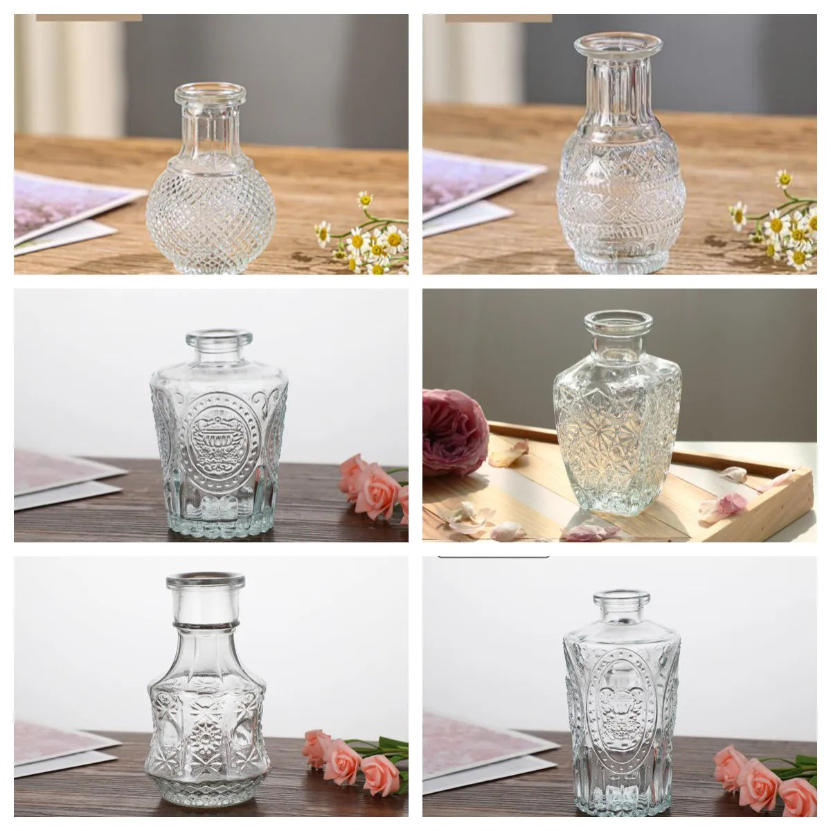 vases decoratifs verre texturé transparent vintage fleurs arrangements decoration maison