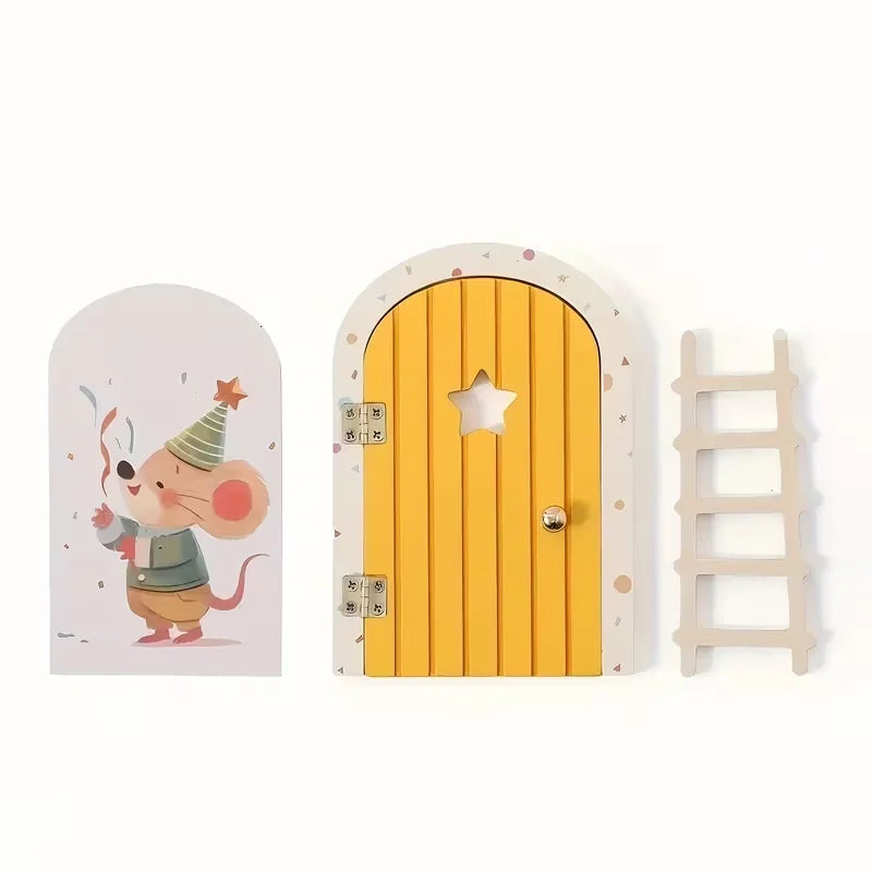 décoration enfantine contes fées miniatures portes souris chapeaux illustrations bleu jaune rose