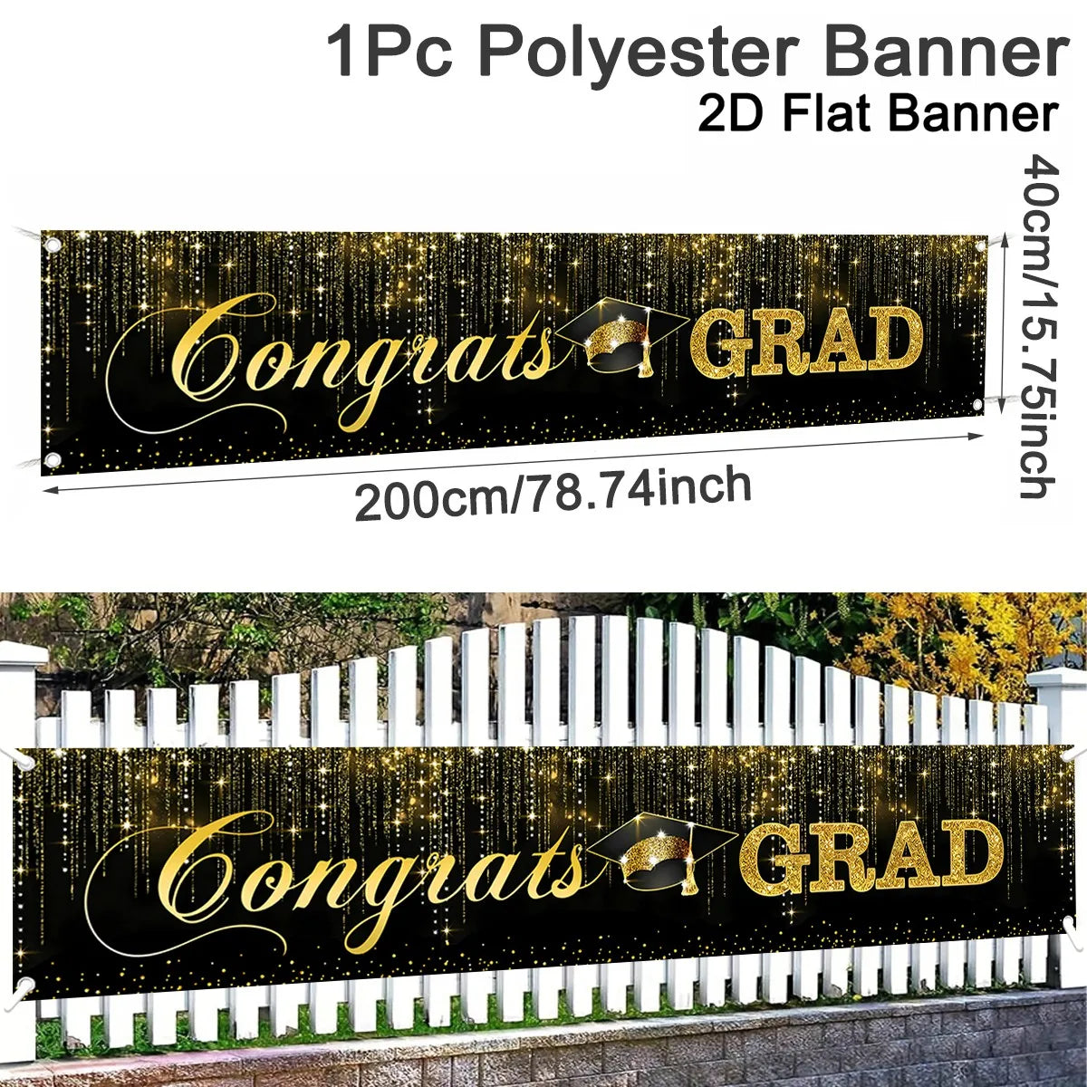 bannière célébration diplômes noir doré confettis guirlande lumineuse clips décoration événement festive