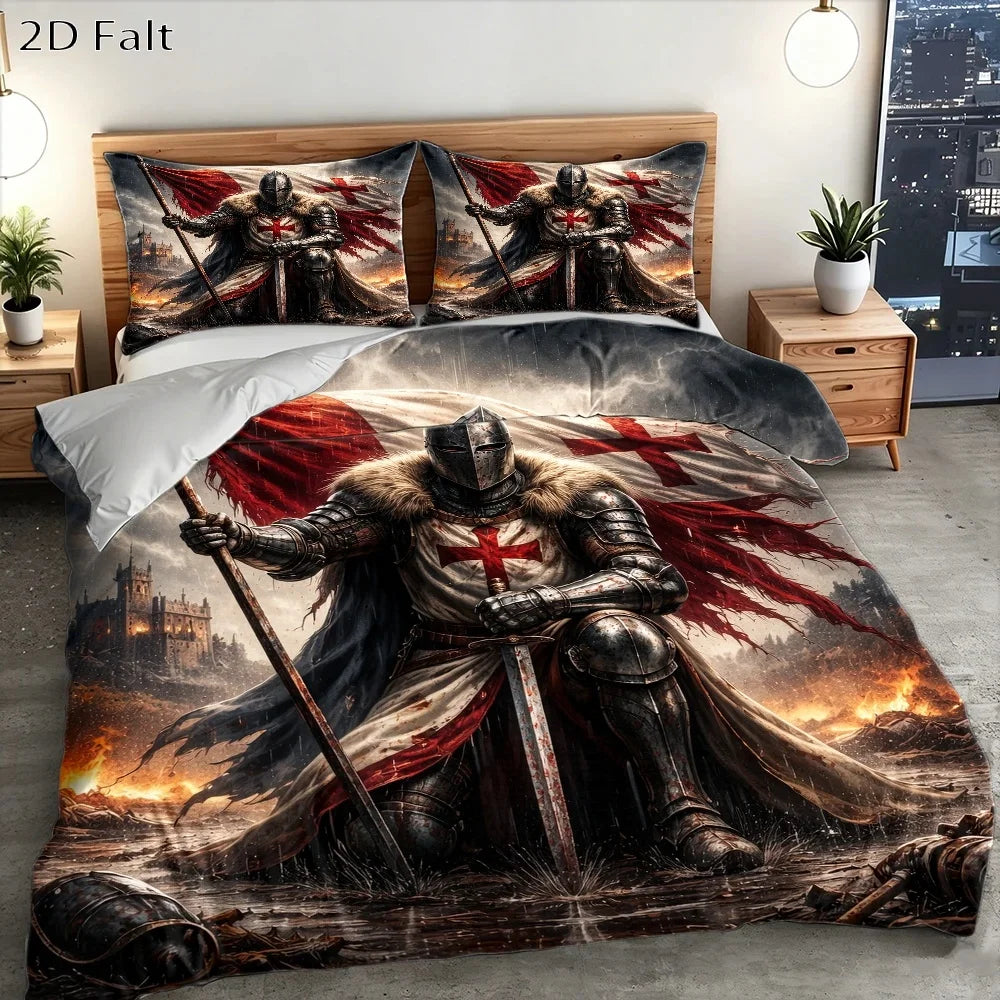 housse couette templier médiéval taies oreiller lit dessin animé chevalier bannières ruines flammes chambre