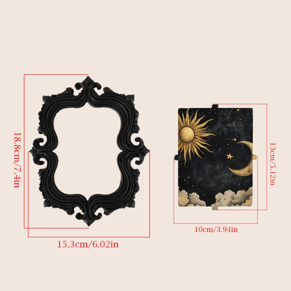 cadre mural baroque noir lune soleil étoiles nuages ornements floraux chambre adulte déco gothique