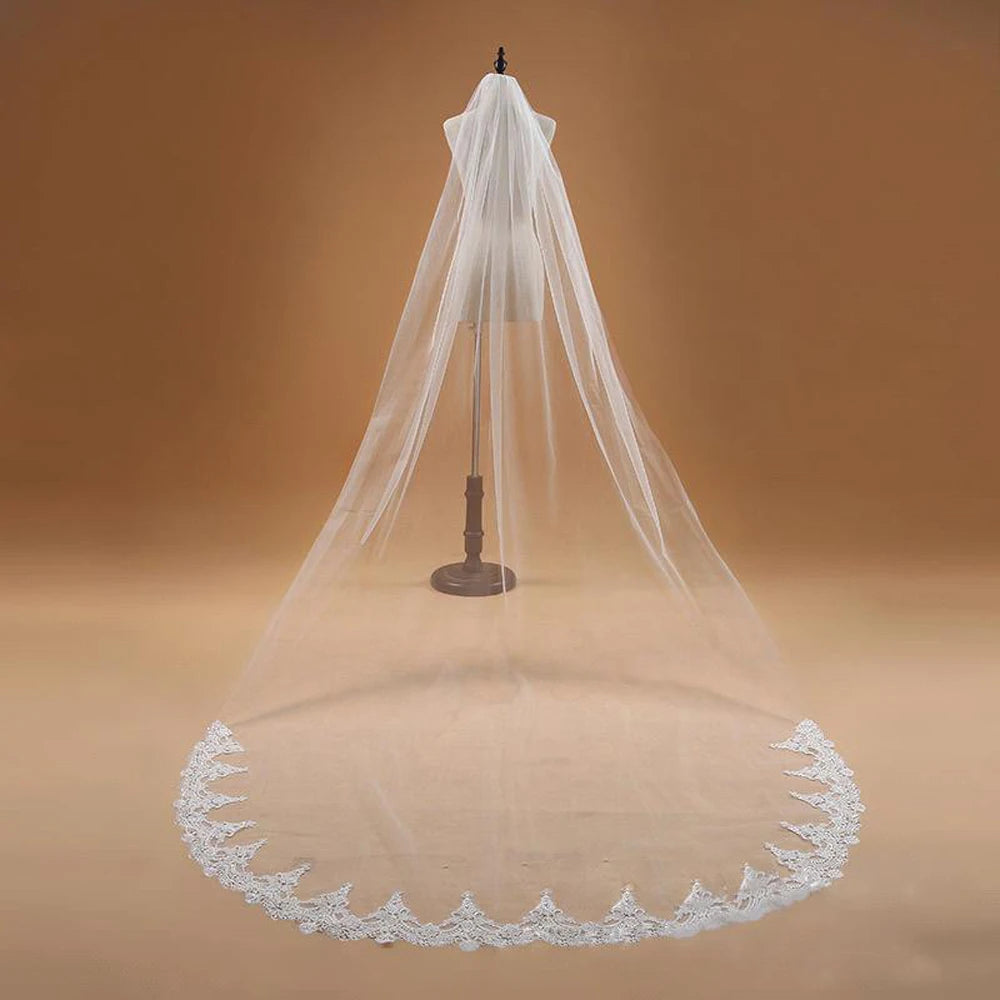 voile mariée blanc dentelle motifs floraux élégant bord appliqué clips transparents polyestère monocouche